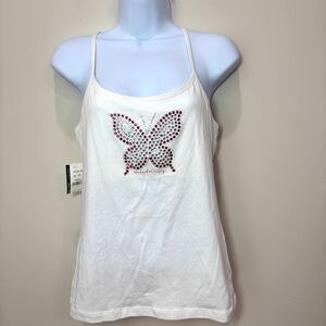 NY & Co 90s White Tank Top Pink Butterfly Rhinstones Women M Racerback Y2K NWT